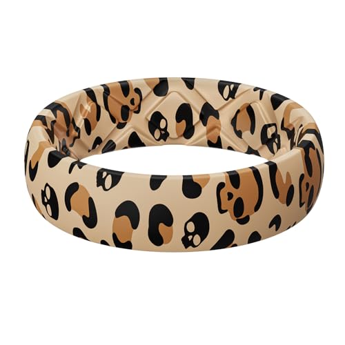 Egnaro Silicone Statement Ring Women, Floral Patterned Rubber Wedding Band | 5.2mm Wide 2mm Thick Printed Style, Inner Arch and Breathable X Grooves for Gym Workout Travel Work Pregnancy Daily Wear - color: SETN-Leopard and Skull