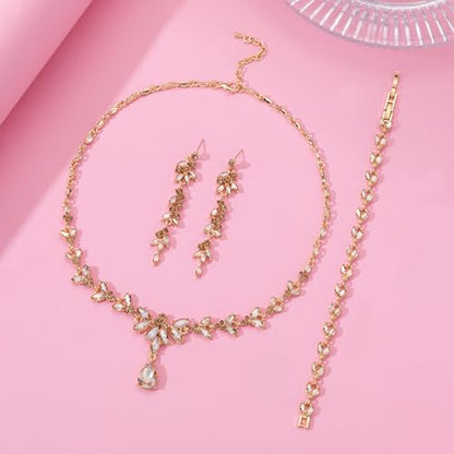 Paxuan Wedding Jewelry Sets for Bride Bridesmaid Bridal Jewelry Set for Women Wedding Crystal Necklace Earrings Bracelet Set for Party Prom Jewelry - color: Champagne - 14K Gold
