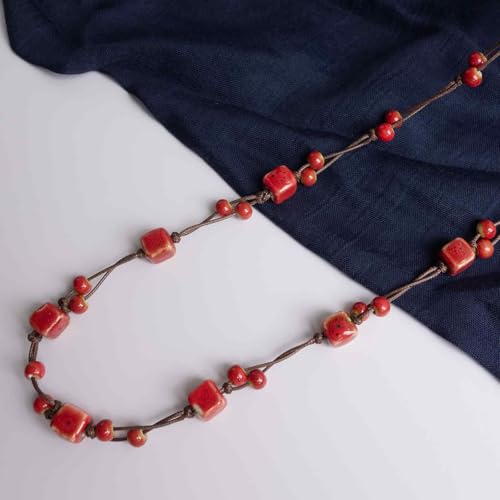 Bohemian Long Beaded Necklace for women, Colorful Hippie Long Layered Necklace, Handmade Boho Jewelry Gift for Mom - color: Red