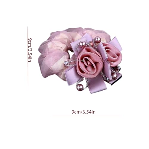 Satin Hair Scrunchie with Rose Flower, Brown and Gold, Pearl Beads, Ribbon Bow, Hair Tie Accessory, 9cm (pink) - color: pink