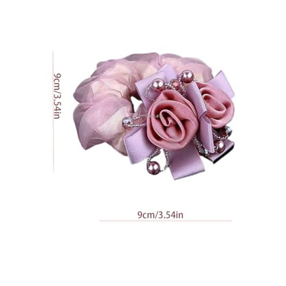 Satin Hair Scrunchie with Rose Flower, Brown and Gold, Pearl Beads, Ribbon Bow, Hair Tie Accessory, 9cm (pink) - color: pink