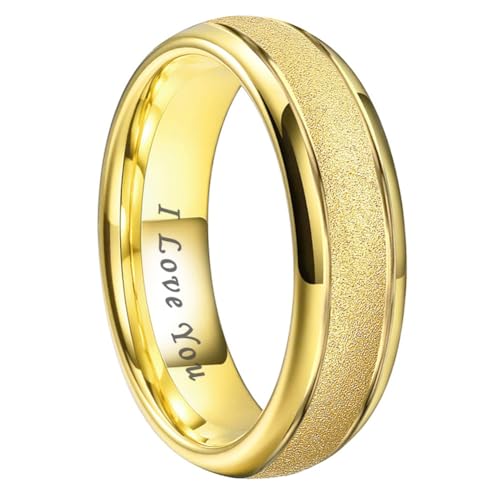 TUTISS 6mm 8mm Black/Gold/Rose Gold/White Tungsten Rings for Men Women Fashion Engagement Wedding Bands Sandblasted Finish I Love You Engraved Comfort Fit - color: 6mm Gold Tungsten I Love You