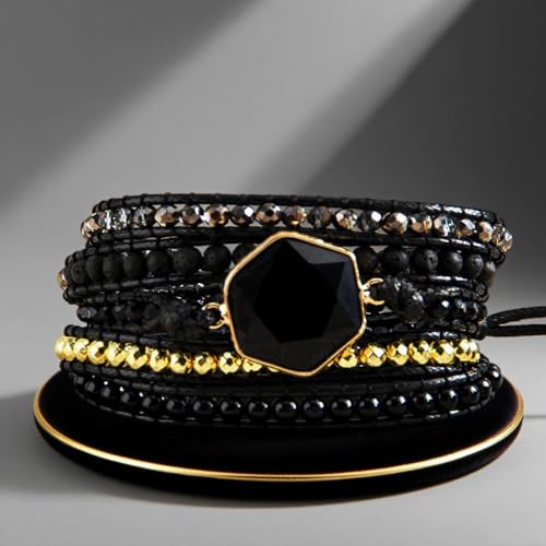 Handmade Boho Wrap Bracelets Natural Turquoise Crystal Stone Variety Beaded Strand Bracelet - color: Obsidian