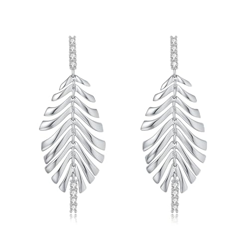 Sylph 14K 18K Gold Plated Chandelier Earrings for Women, Long Tassel Earring Huggie, Silver Leaf Dangle Drop Earrings, Dainty Bohemian Jewelry Gifts for Wedding Everyday Wear - color: D-Lightweight Feather Earrings Silver