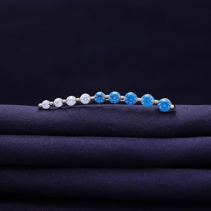 Floating Curved Bar One Piece Left Ear Crawler Earrings With Birthstone | White CZ In 14K Yellow Gold Over Sterling Silver - color: Simulated Blue Topaz