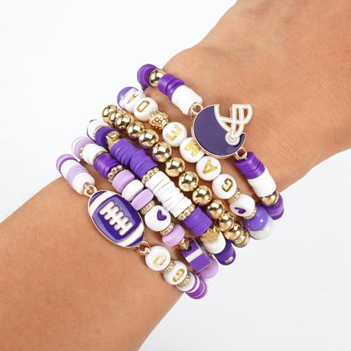 Ardorchid Halloween Bracelets for Women Pumpkin Ghost Steleton Bat Skull Beaded Stackable Stretchy Bracelet Rugby Thanksgiving Christmas Heishi Bracelets - color: Game Day-Purple