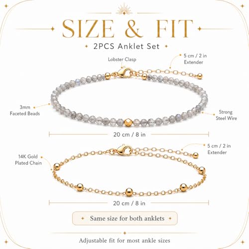 2Pcs Beaded Anklets for Women, Natural Stone Bead Ankle Bracelets with 14K Gold Plated Chain, Waterproof Adjustable Layered Anklet Set, Boho Beach Summer Jewelry Gift - color: Labradorite