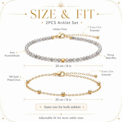 2Pcs Beaded Anklets for Women, Natural Stone Bead Ankle Bracelets with 14K Gold Plated Chain, Waterproof Adjustable Layered Anklet Set, Boho Beach Summer Jewelry Gift - color: Labradorite