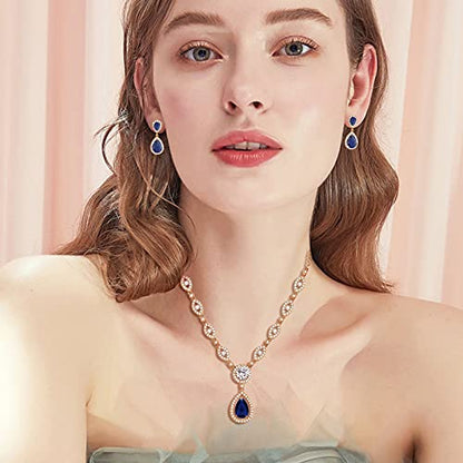 GULICX AAA Cubic Zirconia CZ Silver Plated Base Women's Party Jewelry Set Earrings Pendant Necklace - color: Blue CZ-Rose gold Plated