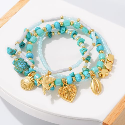 LALAPPLE Shell Bracelet Boho Beaded Stretch Bracelets for Women Seashell Strand Bracelets Starfish Charm Jewelry Summer Beach Jewelry Stackable Crystal Gold Plated Beads Bracelet for Women - style: T-Style7