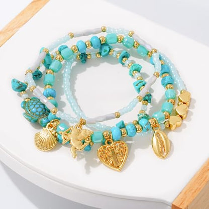 LALAPPLE Shell Bracelet Boho Beaded Stretch Bracelets for Women Seashell Strand Bracelets Starfish Charm Jewelry Summer Beach Jewelry Stackable Crystal Gold Plated Beads Bracelet for Women - style: T-Style7