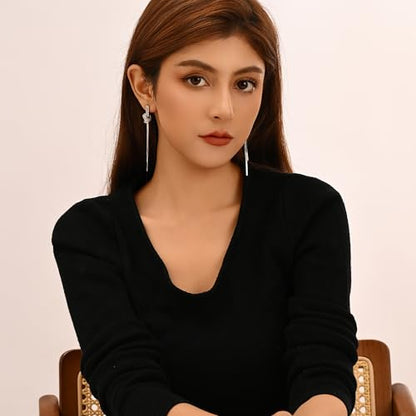 Dangle Earrings for Women, Sparkly Rhinestone Long Tassel Chain Earrings | 18K Gold or 18K White Gold Plated, 925 Sterling Silver Posts, Cubic Zirconia, Hypoallergenic, Tarnish Resistant, Lightweight - color: Silver