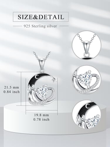 I Love You to the Moon and Back Necklace 925 Sterling Silver Black Crescent Moon Star Pendant with Heart Birthstone Necklace Anniversary Gothic Jewelry Gifts for Women Wife Lovers - color: 04-Apri-White