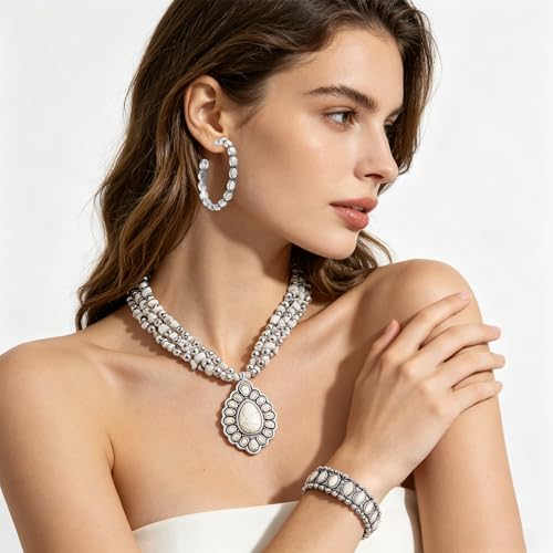 NEWITIN 4 Pieces Silver Bohemian Jewelry Set for Women Fashion Costume Jewels Turquoise Necklace Bracelet Earrings Western Turquoise Jewelry Set for Women - color: White Turquoise B