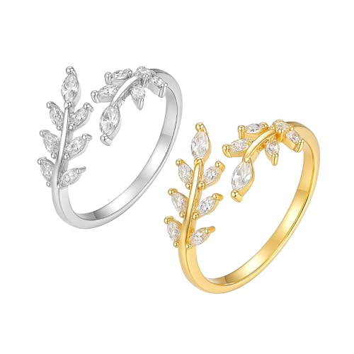 Olive Leaf Rings for Women, Spiritual Meditation Jewelry with Energy Flow Design, 18K Gold Plated Japanese Brass and Asfour Crystal Vine Ring, Symbol of Balance & Inner Harmony - color: gold+silver