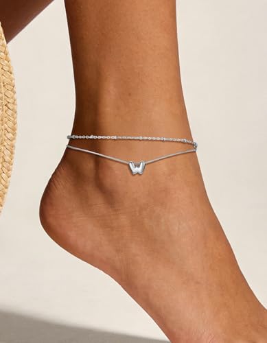 ChainsHouse Initial Ankle Bracelets for Women Waterproof, 14K Gold Plated Layered Initial Anklets Non Tarnish, Adjustable Stainless Steel Women's Ankle Summer Beach Foot Jewelry - color: Stainless Steel, size: Initial W