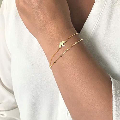Dainty Gold Bracelets for Women, 14K Gold Plated Adjustable Layered Beads Bracelet Cute Evil Eye Oval Chain Pearl Bar Turtle Gold Bracelets for Women Jewelry - style: Dove&Beads Chain