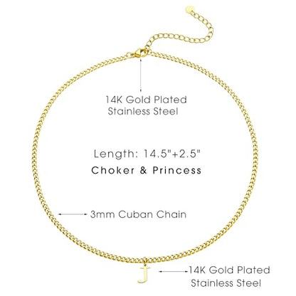 Gold Initial Necklace for Women, 3mm Cuban Link Letter Necklace, 14.5"+2.5" Adjustable Choker, Gold Plated A-Z Alphabet Pendant Necklace, Personalized Jewelry Gift for Her - style: J