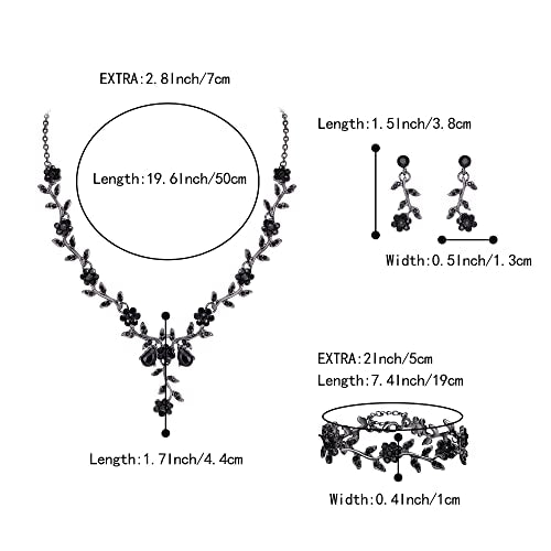 Women's Wedding Jewelry Set for Bride,Prom Bridal Accessories | Bling Crystal,Flower Leaf Cluster,Dangle Earrings Pendant Necklace Set,for Bridesmaid,Party Jewellery - color: 3Pcs-Black Black-Tone