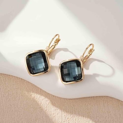 Austrian Crystal Square Leverback Drop Earrings for Women | Classic Square-Cut Crystal,14K Gold-Plated,Leverback for Easy Secure Wear,Gift Box Included,For Day and Evening Events - color: Black