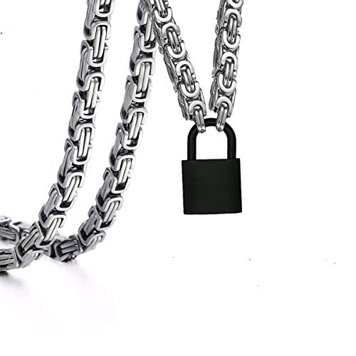 Heart Padlock Collar Stainless Steel Lock Necklace Byzantine Chain Necklace Locking Collar Choker for Men Women Jewelry - style: D