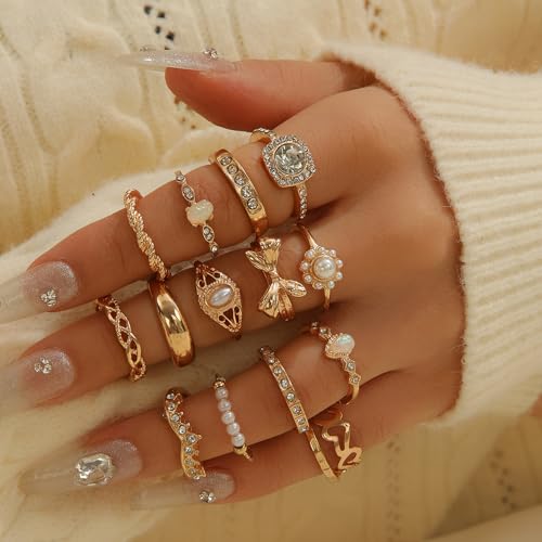Gold Stackable Ring Set for Women, Dainty Fashion Rings Set with Pearl, Crystal, Heart, Bow and Wave Design, Trendy Midi Finger Rings Jewelry Gift - color: A1