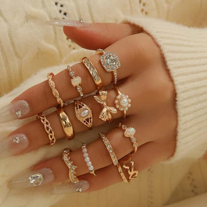 Gold Stackable Ring Set for Women, Dainty Fashion Rings Set with Pearl, Crystal, Heart, Bow and Wave Design, Trendy Midi Finger Rings Jewelry Gift - color: A1