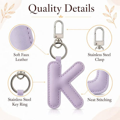 Initial Letter Keychain,Stainless Steel,Colorful Faux Leather Keyring for Backpack,Purse,Car Keys,Gift for Men Women - color: K