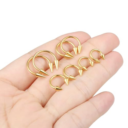 Long Spike Septum Rings 16G Surgical Steel Snake Bite Jewelry Lip Rings Smiley Piercing Jewelry for Women Men 6mm/8mm/10mm/12mm - color: gold-tone,8pcs,16g,Dia.6-12mm