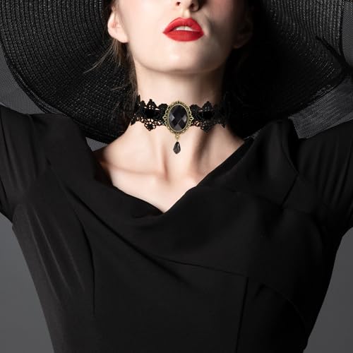 AILUOR Punk Rock Wedding Party Handmade Black Lace Choker, Gothic Retro Lolita Beads Chain Vampire Pendant Necklace for Women Halloween - color: Black