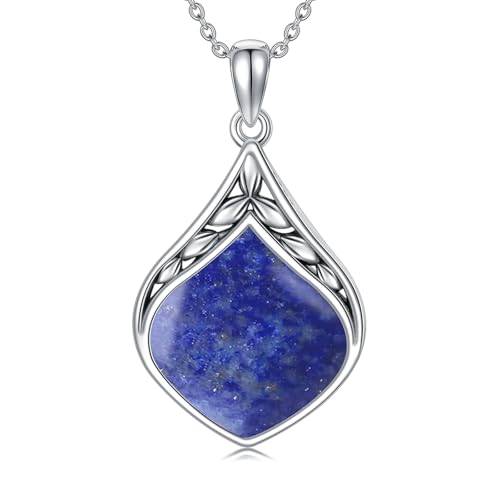 HPQQ Teardrop Necklace 925 Sterling Silver Vintage Natural Gemstone Pendant Jewelry Birthday Mothers Day Gifts for Women Mom - color: Lapis Lazuli