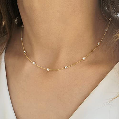 Gold Pearl Necklace For Women - 14K Gold Plated Layered Herringbone Chain Pearl Necklace, Trendy Simple Gold Jewelry Gift - color: Satellite Pearl-Gold