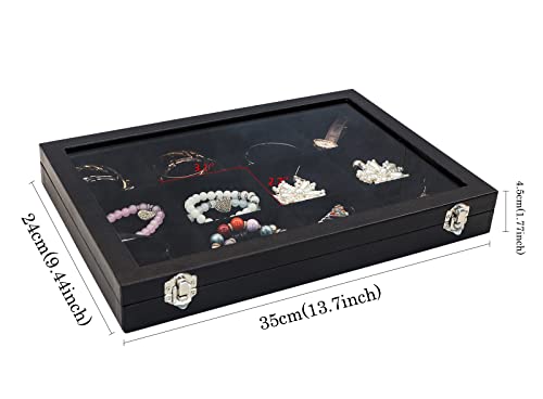Wudygirl Bracelet Organizer Leather Jewelry Tray with Lid 13.7"x9.4" Black | 12 Grid Jewelry Organizer with Velvet Liner, Ideal for Jewelry Storage, Dresser Drawer or Gift, Dustproof Design - style: 12 Grid Tray