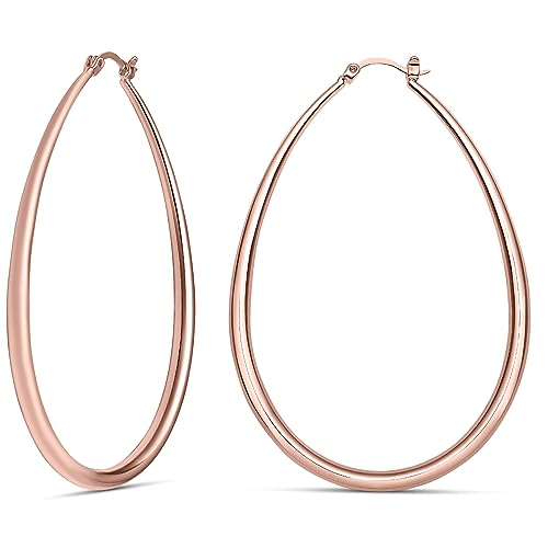 Milla Oval Hoop Earrings for Women | Elegant Polished 14K Gold, Rose Gold or Silver Plated Hoops with Secure Latch Closure, Hypoallergenic & Lightweight - color: Rose Gold Plated / 2.8 in - X-LARGE