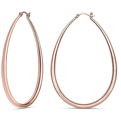 Milla Oval Hoop Earrings for Women | Elegant Polished 14K Gold, Rose Gold or Silver Plated Hoops with Secure Latch Closure, Hypoallergenic & Lightweight - color: Rose Gold Plated / 2.8 in - X-LARGE