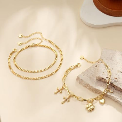 3PCS Charm Gold Bracelets for Women Non Tarnish,14k Plated Gold Bracelet Stack Cute Dainty Stackable Trendy Bow Cross Clover Bracelets Set Tarnish Free Gold Jewelry for Women Gifts - color: Cross-Gold