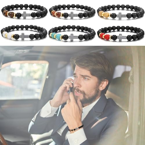 Beaded Bracelets Cross Bracelet for Women Men Lava Rock Turquoise Tiger Eye Natural Bracelet Anxiety Healing - color: 10 Pcs- black Hematite cross A