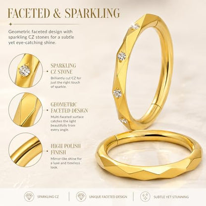 2PCS 16G Titanium Nose Rings for Women, Nostril and Septum | F136 Implant Grade Titanium, Hypoallergenic, 1.2 mm ×8 mm, Faceted and CZ Hinged Clicker Hoops for Nostril or Septum - color: Style B Gold-8mm