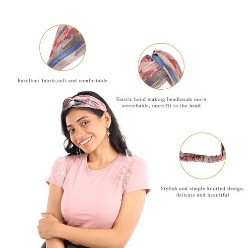 Madison Tyler Boho Headbands | Top Knot With Rhinestones, Non Slip for Workout & Party (Multi Color: Pink, Blue, Tan) - color: Pink,Blue,Tan