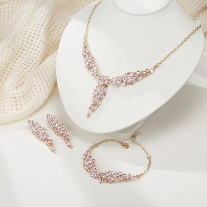 EleQueen Statement Sparkle Crystal Necklace Bracelet Dangle Earrings Set for Women, Art Deco Prom Chandelier Jewelry for Wedding Bridal - color: Pink-Gold-Plated-Base