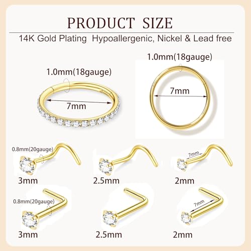 8PCS Titanium Nose Rings Stud, Gold Nose Ring for Women Men Hypoallergenic Nostril Hoops L Shape Nose Studs Corkscrew CZ Nose Piercing Jewelry Silver 18G & 20G Nose Ring Studs 2/2.5/3mm - style: 8PC-Gold