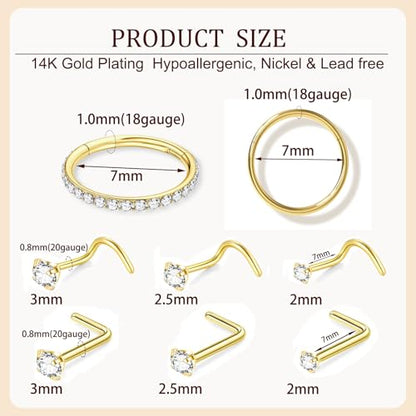 8PCS Titanium Nose Rings Stud, Gold Nose Ring for Women Men Hypoallergenic Nostril Hoops L Shape Nose Studs Corkscrew CZ Nose Piercing Jewelry Silver 18G & 20G Nose Ring Studs 2/2.5/3mm - style: 8PC-Gold