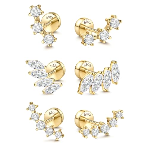 14K Gold Plated 925 Sterling Silver Flat Back Earrings Set | Hypoallergenic Cartilage Helix Conch Tragus Piercing Jewelry 3 Pairs Small Screw Dainty CZ Opal Earring Set Men Women - color: Gold, Style G