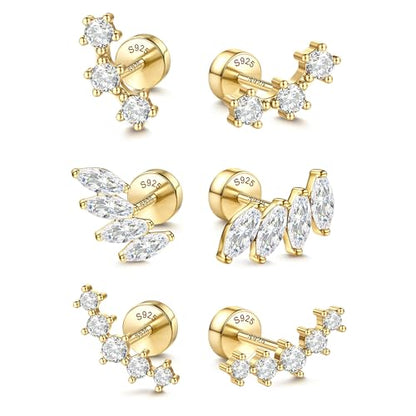 14K Gold Plated 925 Sterling Silver Flat Back Earrings Set | Hypoallergenic Cartilage Helix Conch Tragus Piercing Jewelry 3 Pairs Small Screw Dainty CZ Opal Earring Set Men Women - color: Gold, Style G