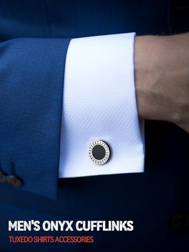 FaithHeart Mens Cufflinks, Norse Viking Tuxedo Shirt Cuff Links, Stainless Steel Cuff Links and Shirt Studs, Gift Box - style: 03. Black Onyx CZ-Silver