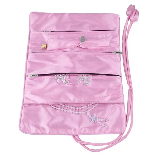 TUMBEELLUWA Embroidery Travel Jewelry Bag Roll Embroidered Flower and Bird Brocade Organizer with Tie Close - color: #4 Pink