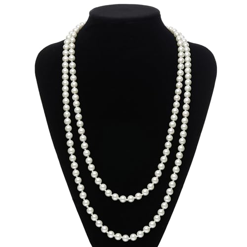 Long Pearl Necklace for Women 59" Faux White Pearls Necklaces Black Bow Pearl Beads Necklace 1920s Statement Bride Wedding Jewelry Gifts - color: White Pearl Necklace
