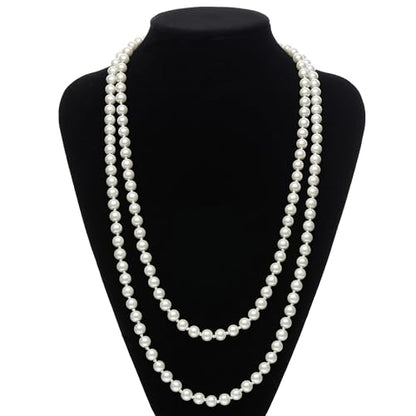 Long Pearl Necklace for Women 59" Faux White Pearls Necklaces Black Bow Pearl Beads Necklace 1920s Statement Bride Wedding Jewelry Gifts - color: White Pearl Necklace