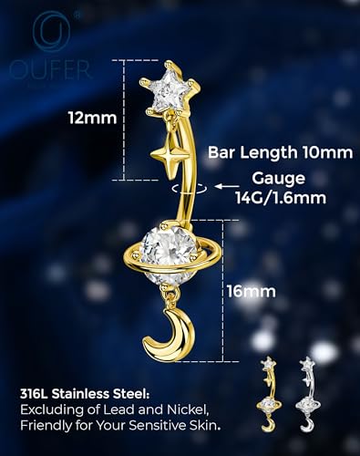 OUFER 14G Star Moon Planet Silver Gold Dangle Belly Button Rings 316L Surgical Stainless Steel CZ Belly Piercing Jewelry 10mm Navel Rings for Women - color: Gold