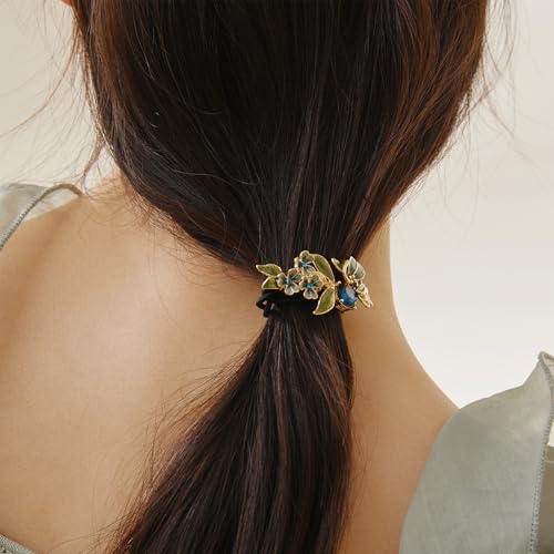 Irises Flower brooches and pins for women, Hand-driping Oil brooch pins inlaid with artificial crystals, SHE'S FREE STYLE JUST FOR YOU Green leaf safety pins enameled jewelry pins and brooches - color: Blue Double Elastics